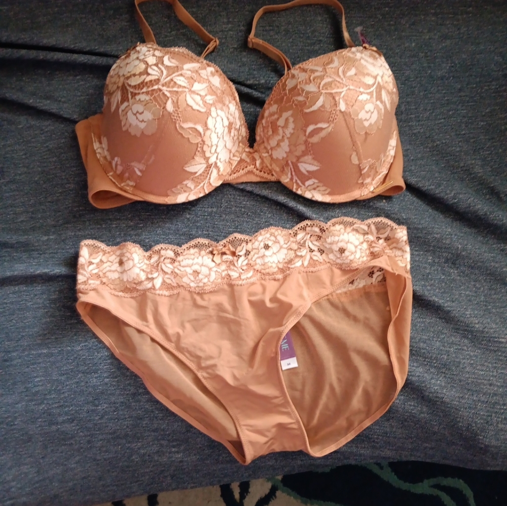 NWT Adore Me Jaya Lace Push Up Bra 36D w/  Medium Cheeky Panty Set Beige